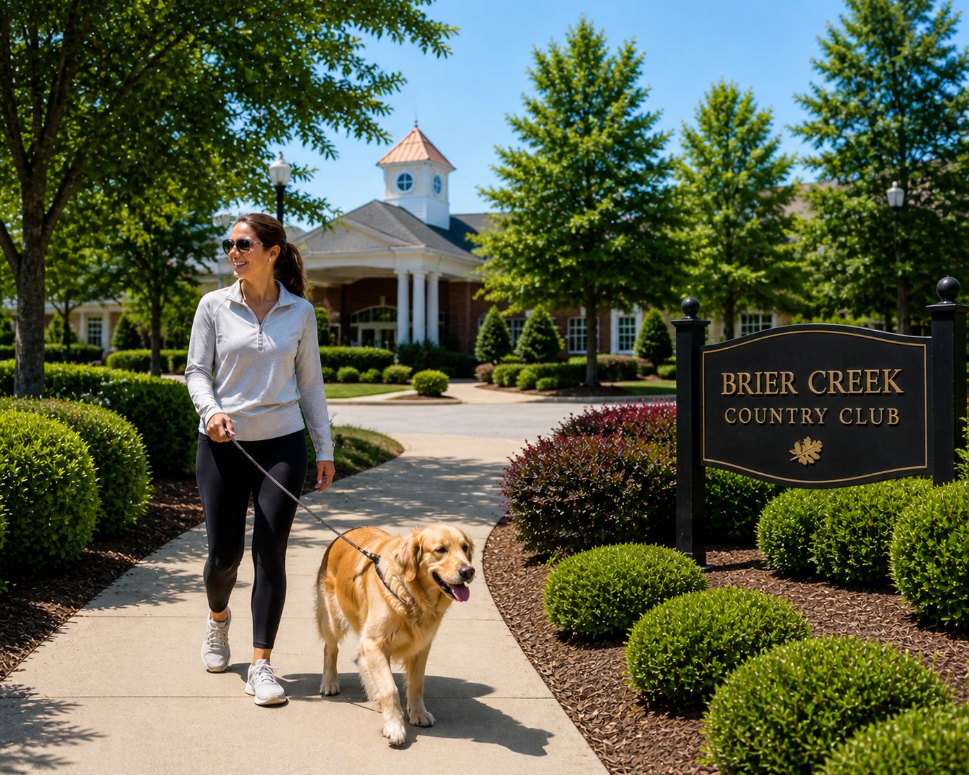 Resident walking golden retriever at Brier Creek Country Club